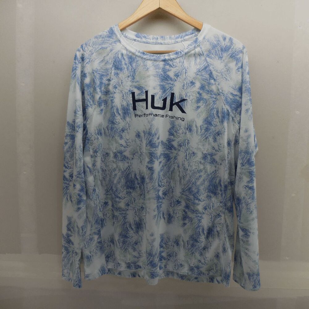Huk Pursuit Performance Crewneck Fishing Shirt Mens XL Green Blue‎ Leaf Tie Dye